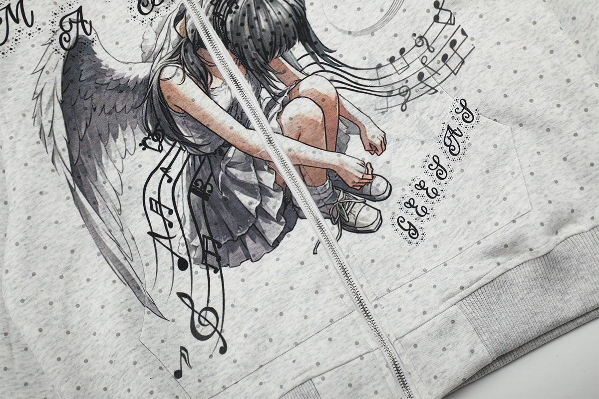 Sweat à capuche zippé avec bordure en fausse fourrure, ange anime et notes de musique