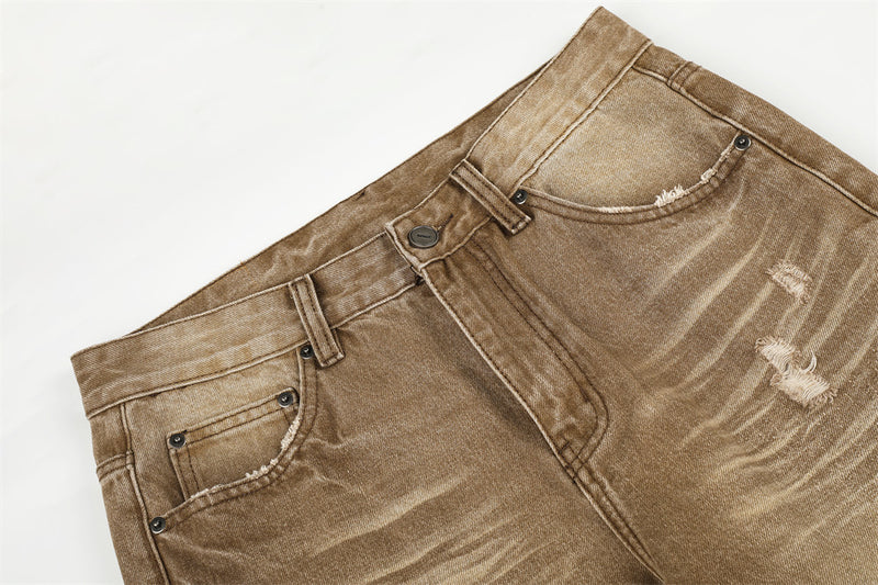 Men's Distressed Wide-Leg Flare Jeans – Vintage Sand-Washed Brown Denim