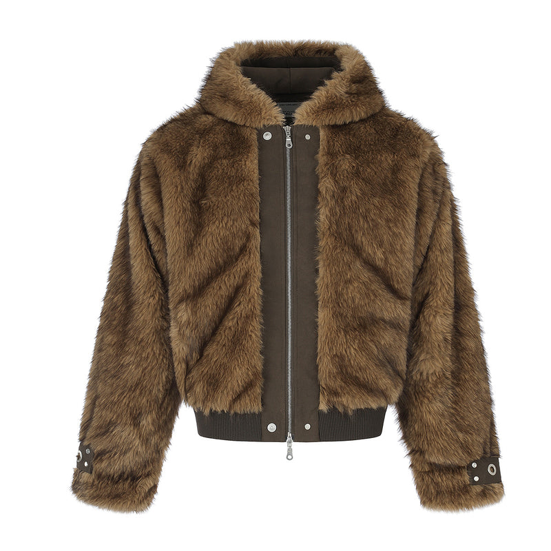 Faux Fur Hooded Bomber Jacket – Brown Oversized Winter Coat with Grommet Cuffs