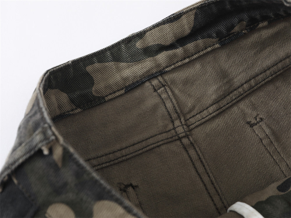 Jean flare homme camouflage avec imprimé étoiles et lettres – Denim bell-bottom streetwear