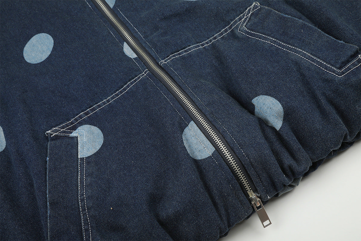 Polka Dot Denim Hooded Jacket with Sherpa Lining