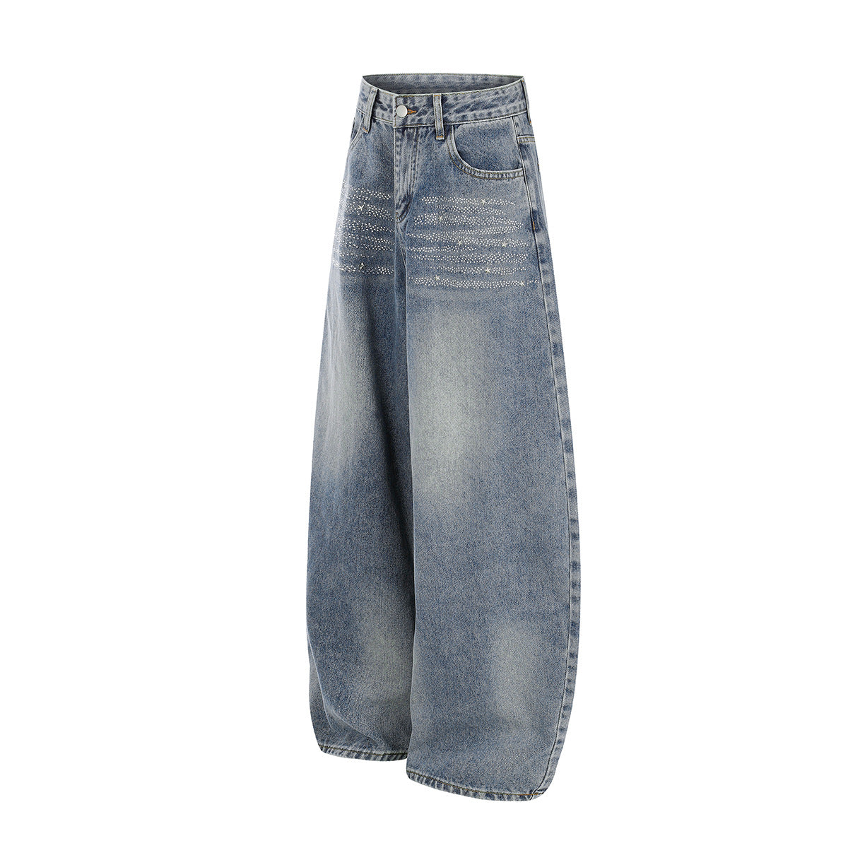 Jean baggy taille haute – Denim barrel à jambes larges avec étoiles en strass