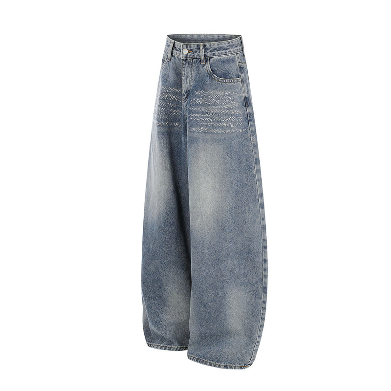 Jean baggy taille haute – Denim barrel à jambes larges avec étoiles en strass