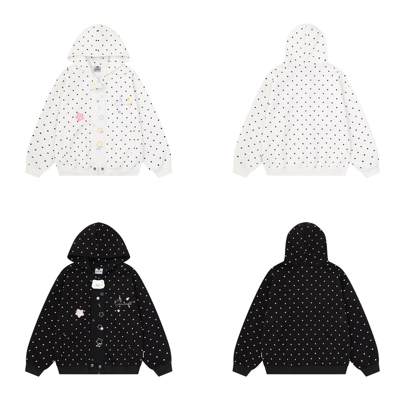 Polka Dot Zip-Up Hoodie with 3D Cat Patch & Star Embroidery – Oversized Unisex