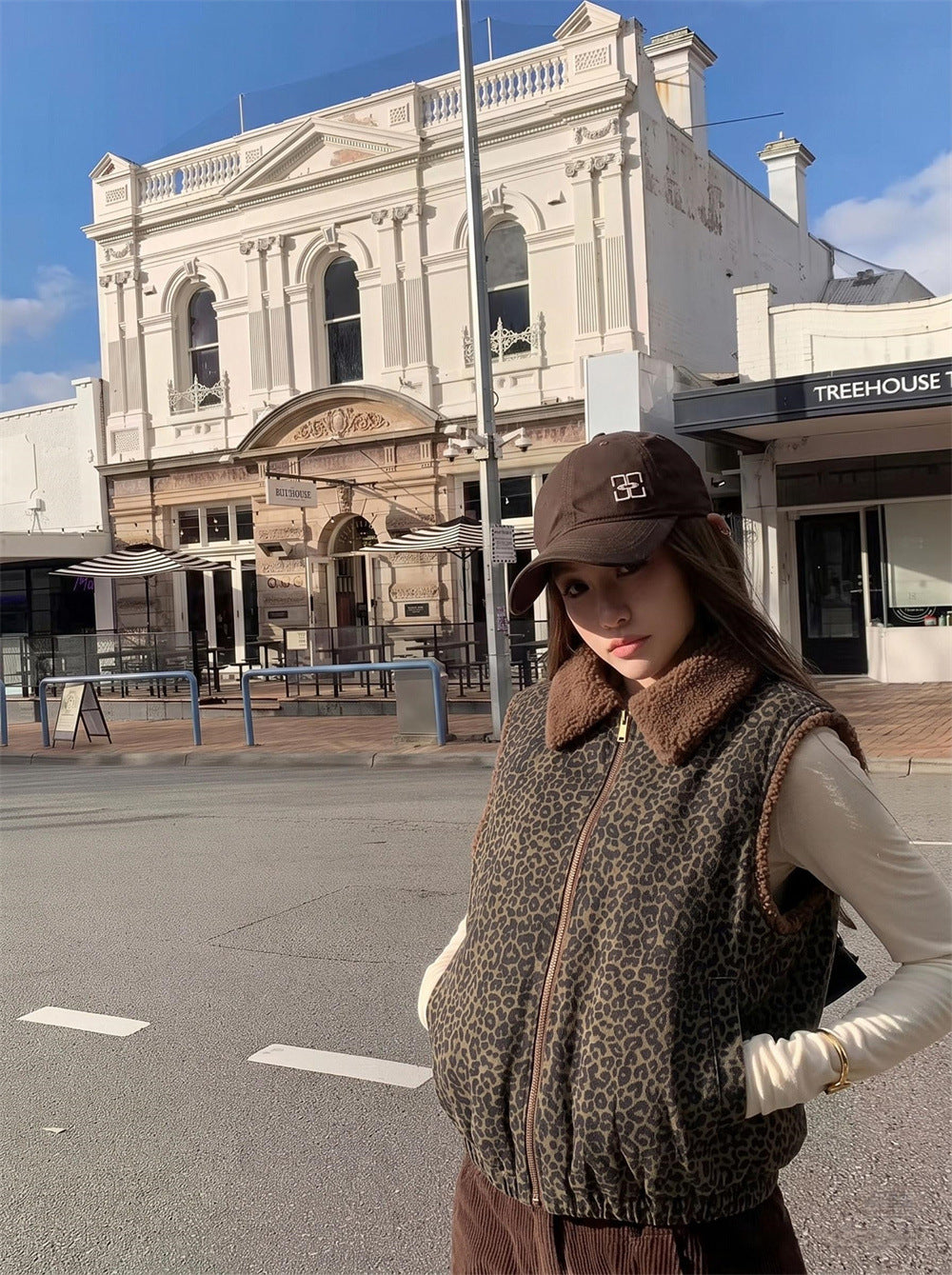 Gilet zippé à col sherpa imprimé léopard – Gilet streetwear rétro américain