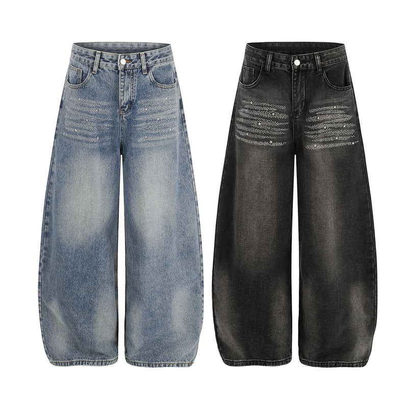 Jean baggy taille haute – Denim barrel à jambes larges avec étoiles en strass