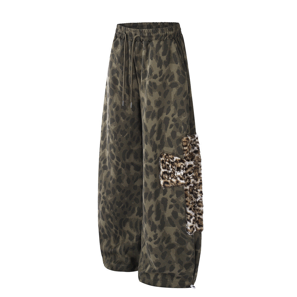 Wide-Leg Leopard Print Sweatpants with Faux Fur Cargo Pocket – Men's Relaxed Fit