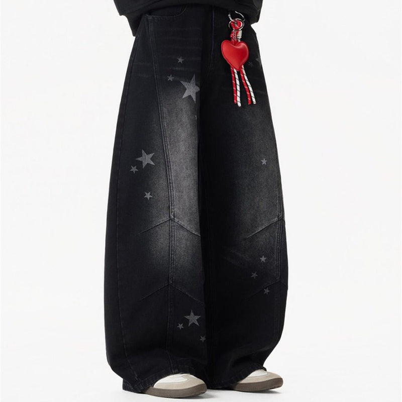 Star Print Wide-Leg Jeans – Men's Baggy Black Denim with Heart Charm