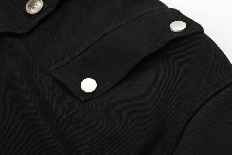 Men's Military-Inspired Short Jacket with Stand Collar, Buckle Straps & Button