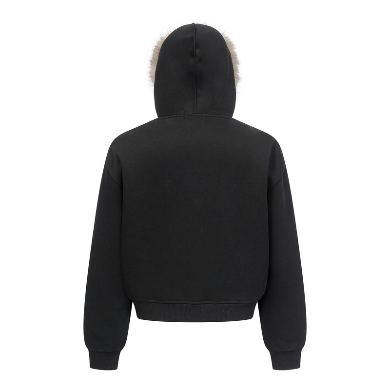 Faux Fur Hood Trim Zip-Up Hoodie Bomber Jacket – Oversized Streetwear Fit