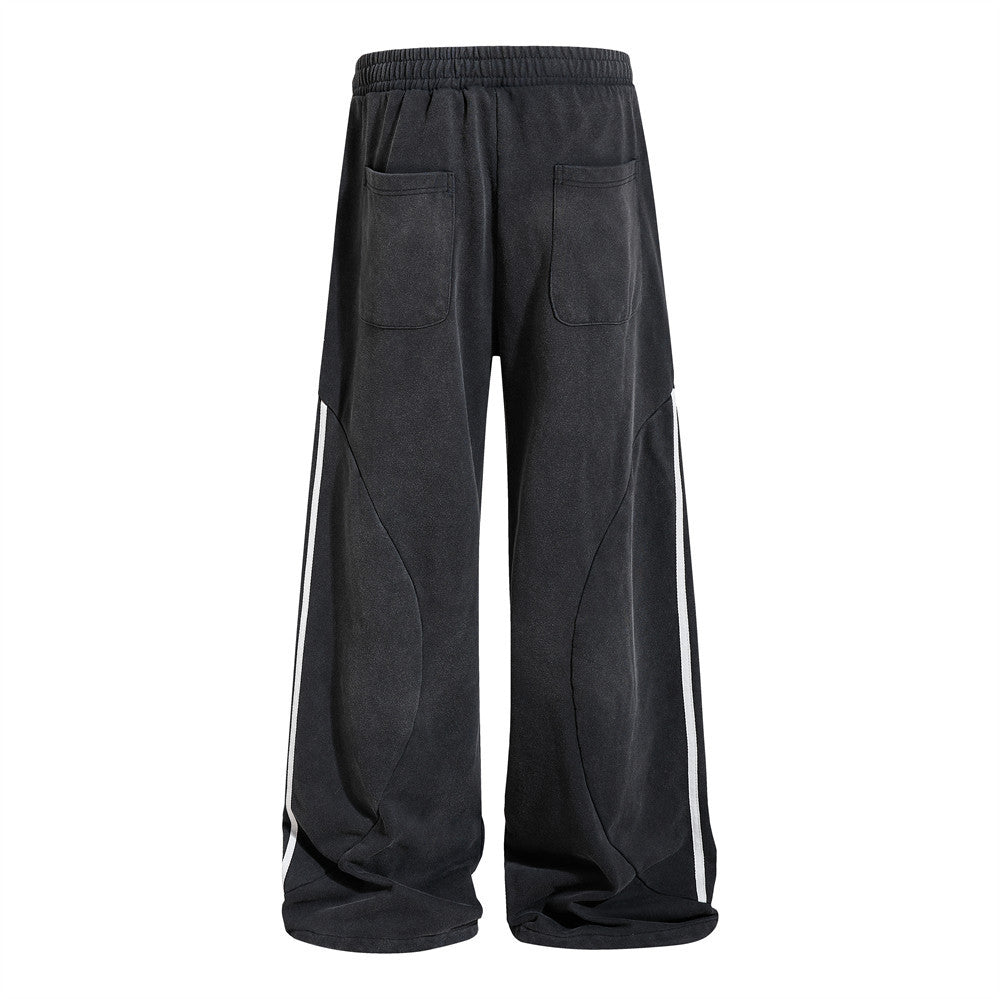 Baggy Wide-Leg Sweatpants – Black Vintage Graphic with Side Stripe Detail