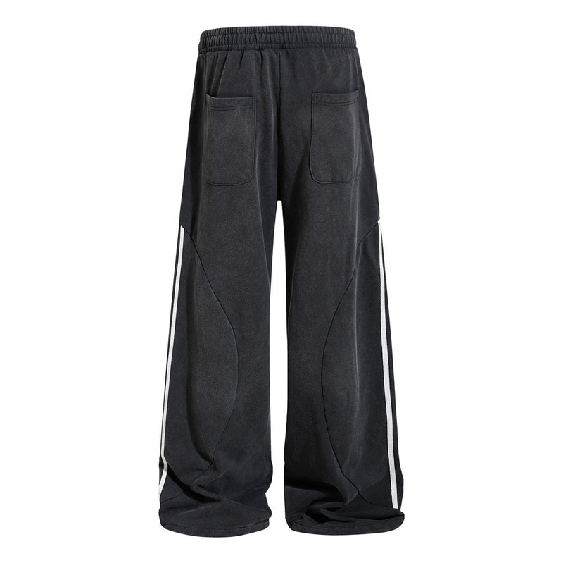Baggy Wide-Leg Sweatpants – Black Vintage Graphic with Side Stripe Detail
