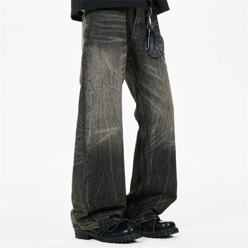 Baggy Straight Leg Jeans – Men's Vintage Washed Distressed Black Wide-Leg Denim