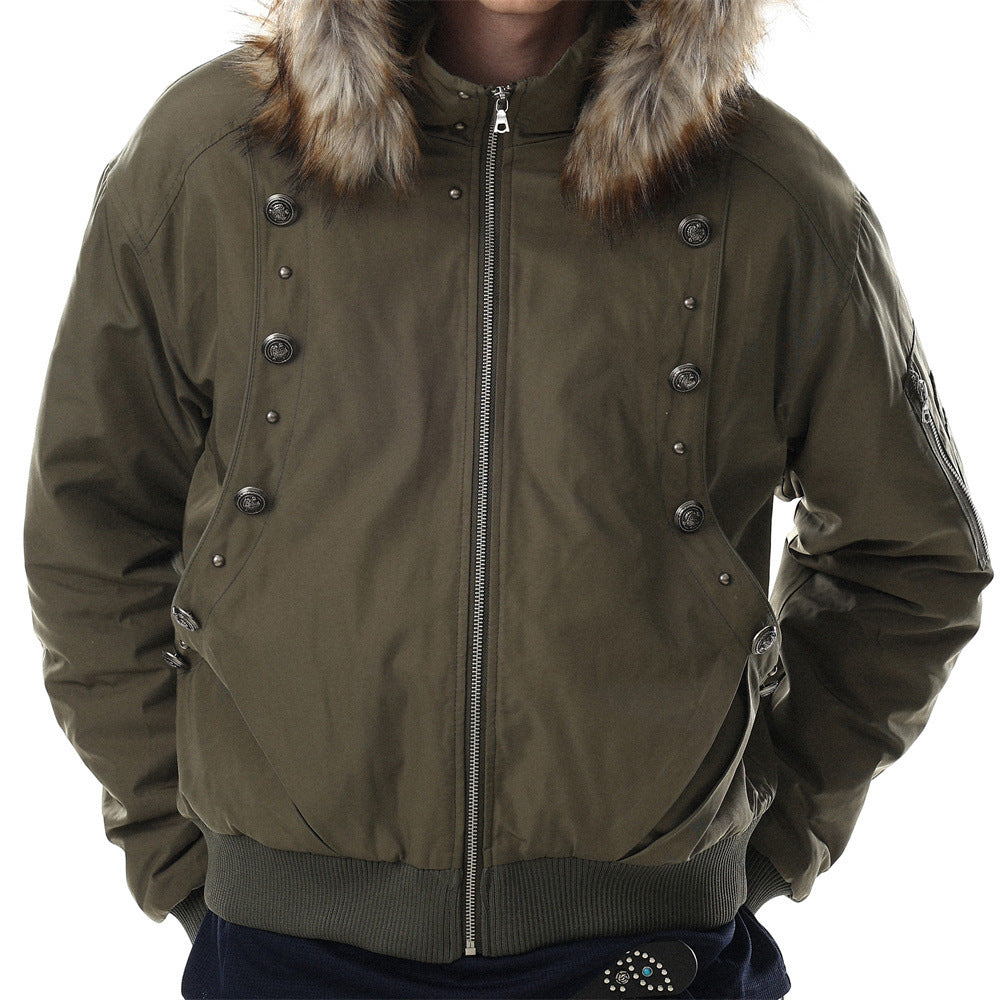 Men's Hooded Bomber Jacket with Detachable Fur-Trim Hood & Military Button