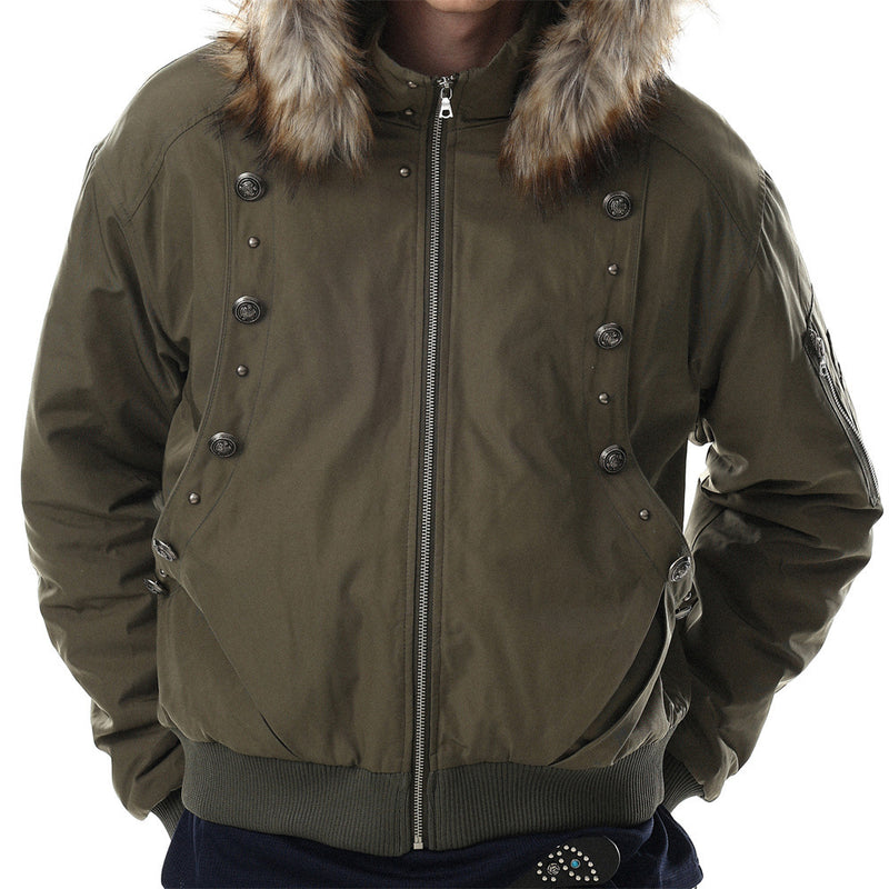 Men's Hooded Bomber Jacket with Detachable Fur-Trim Hood & Military Button