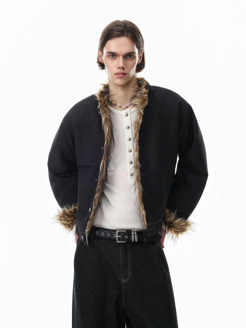 Faux Fur Trim Padded Jacket with Stand Collar & Button Front