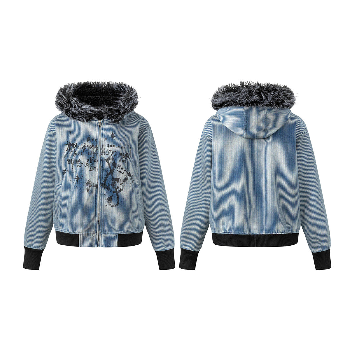 Striped Padded Jacket with Faux Fur Hood & Music Note Print