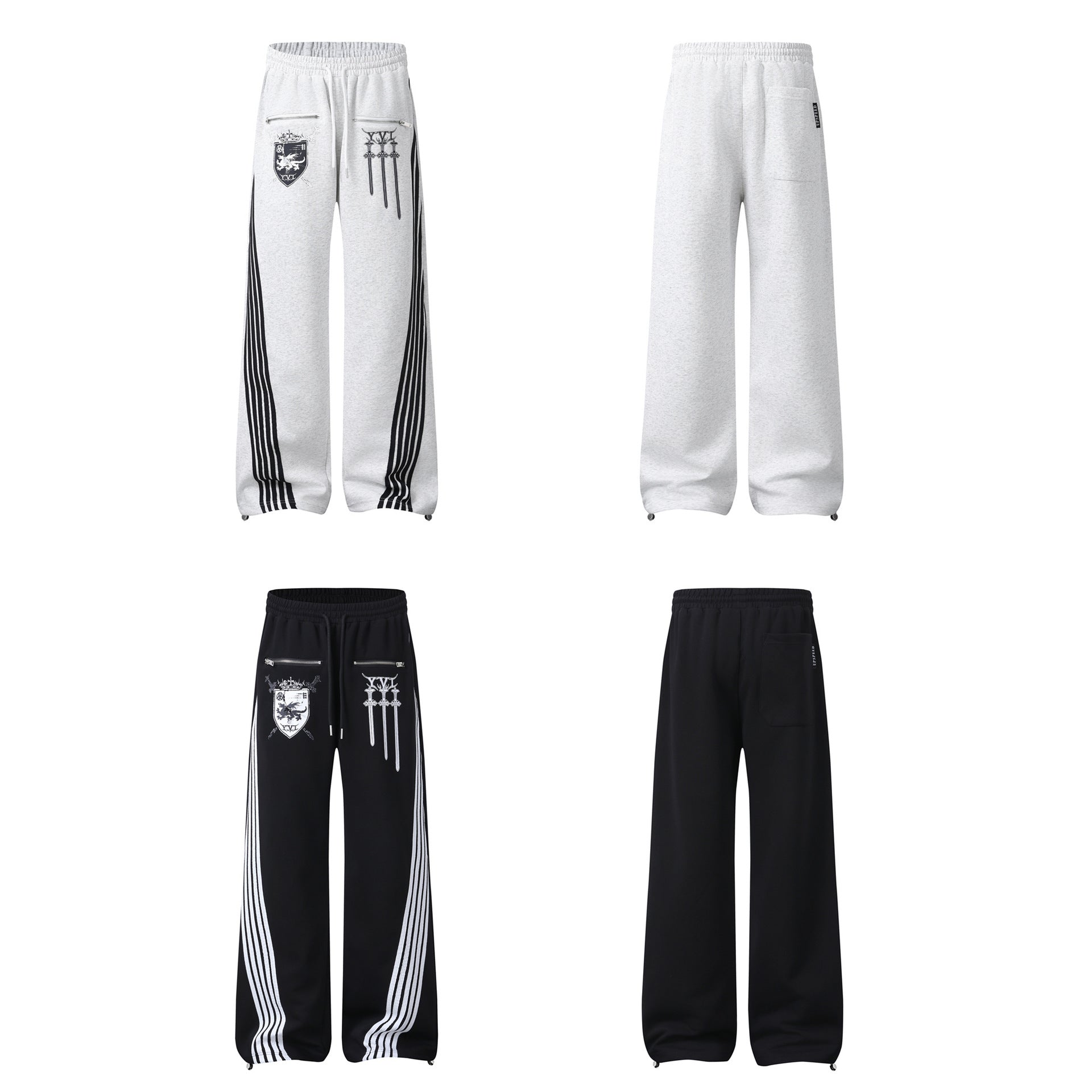 Pantalon de survêtement à jambes larges avec graphisme héraldique et détails latéraux multibandes