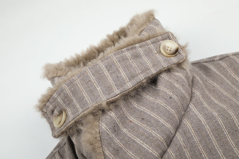 Pinstripe Zip-Up Bomber Jacket with Sherpa Collar & Pocket Trim