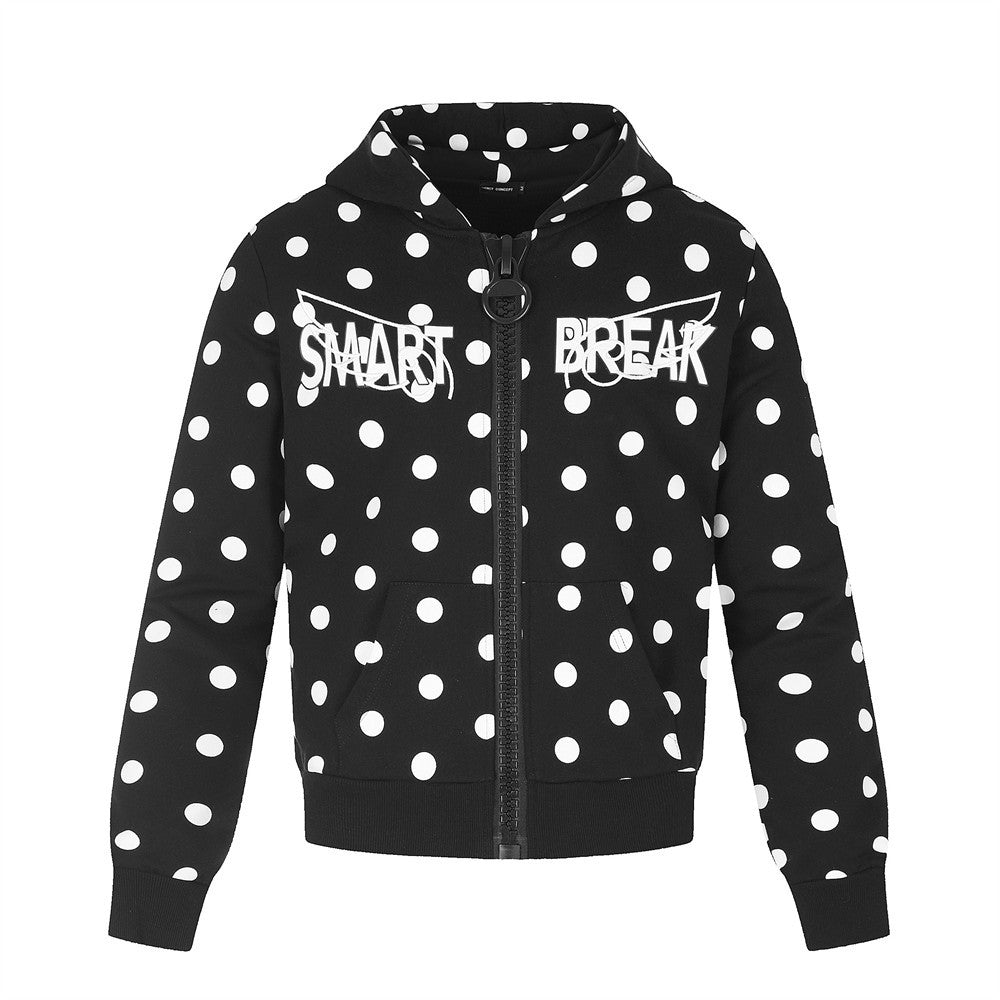 Polka Dot Zip-Up Hoodie with Embroidered Graphic – Cropped Streetwear Sweatshirt