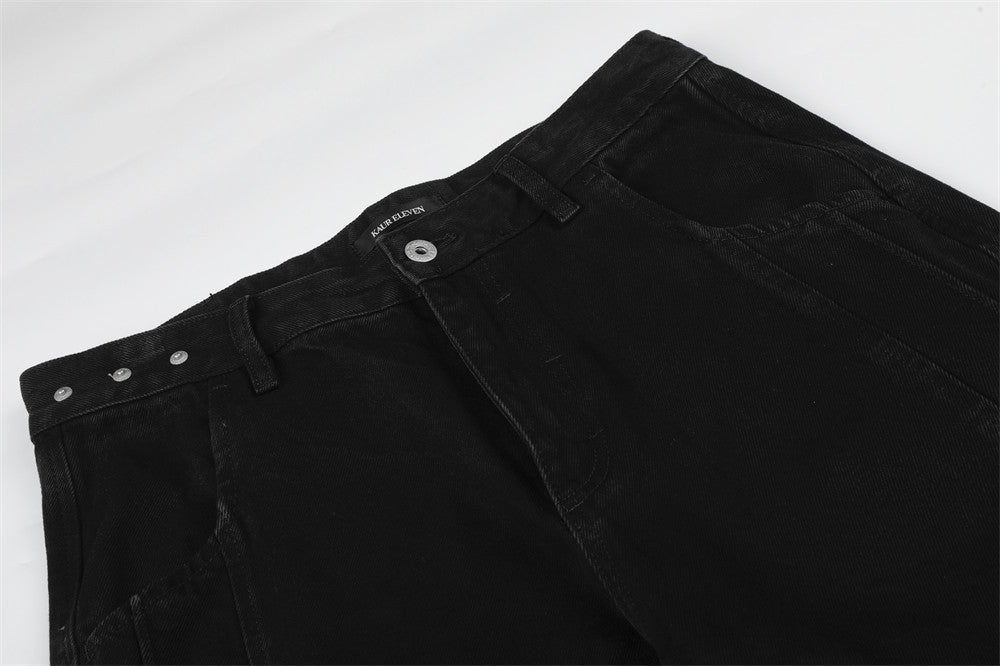 Wide-Leg Cargo Jeans – Pleated Multi-Pocket Washed Black Denim
