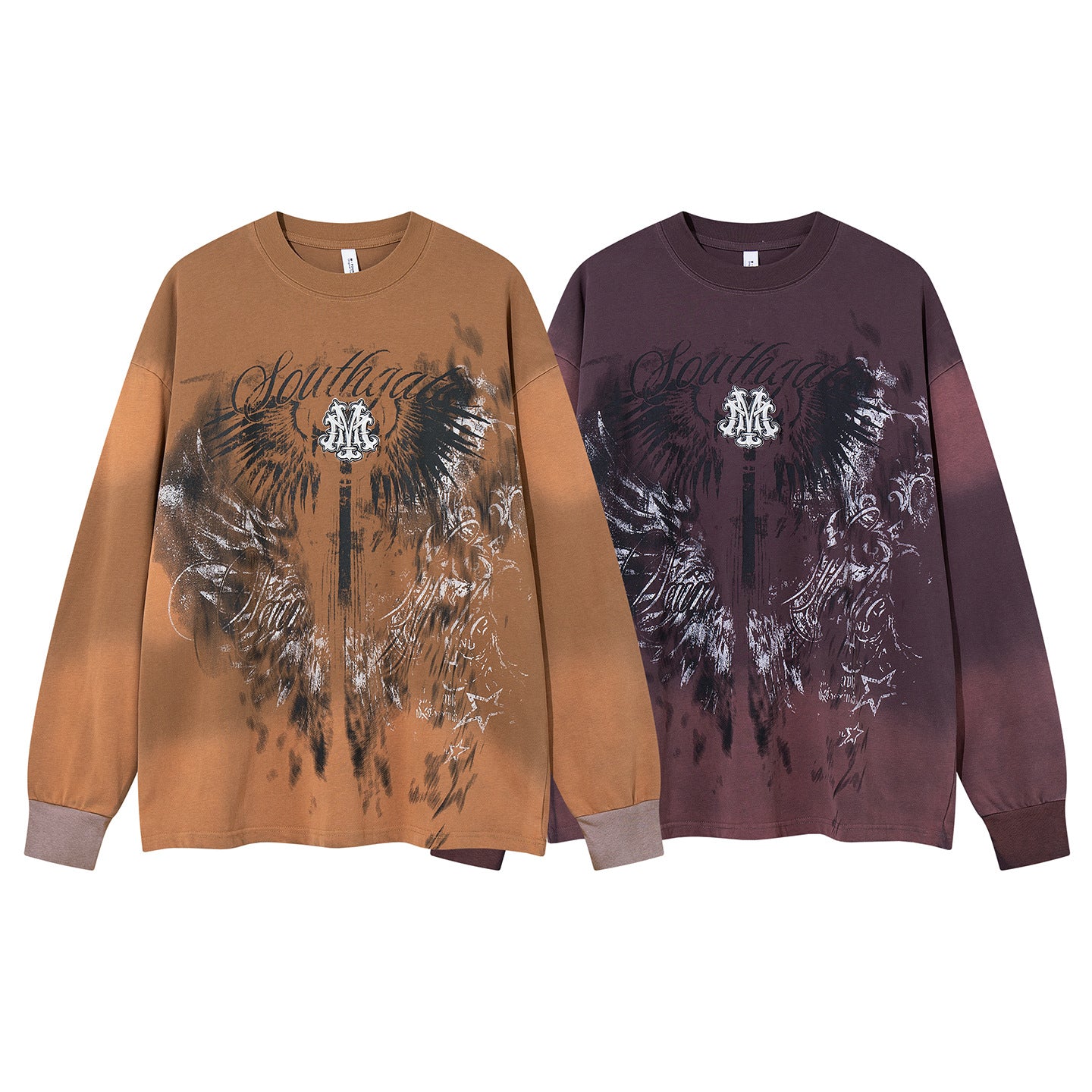 T-shirt graphique à manches longues – Ailes et inscription effet délavé, coupe oversize