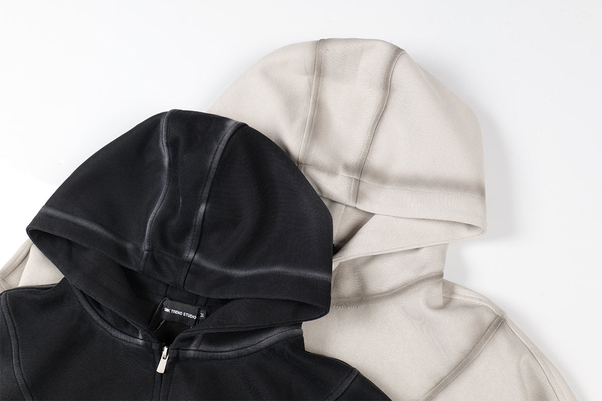 Sudadera de hombre con capucha y cremallera, paneles lavados y corte extragrande