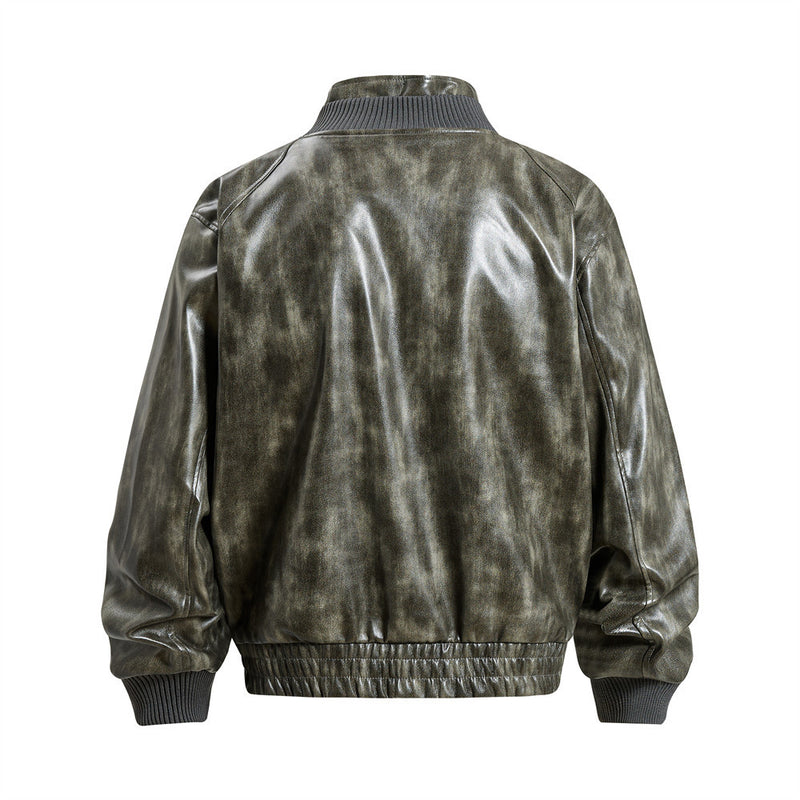 Men's Distressed Glossy PU Leather Bomber Jacket with Stand Collar & Diagonal