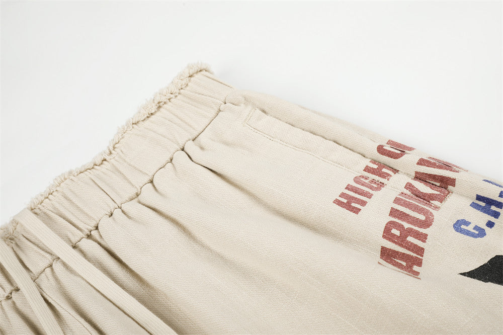 Wide-Leg Graphic Print Pants – Raw Hem Elastic Waist Straight Trousers