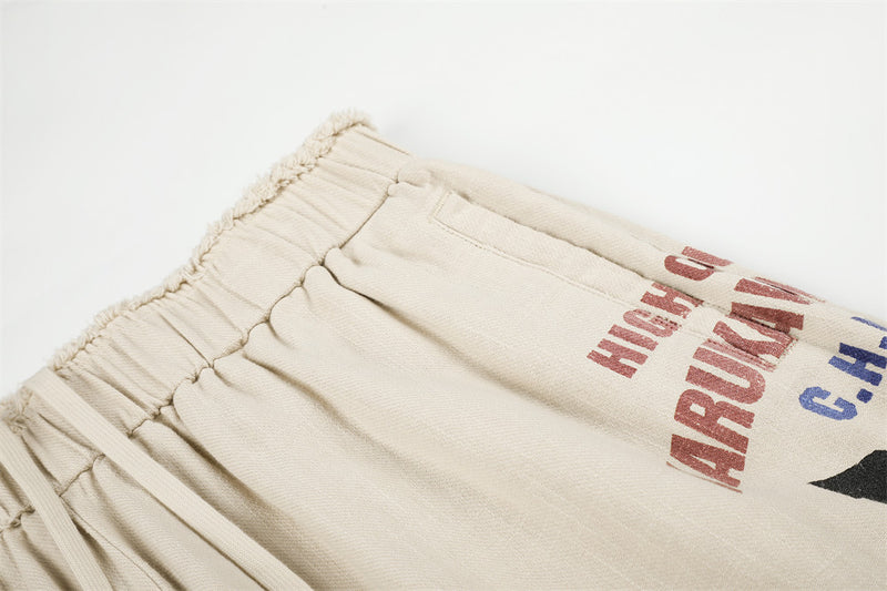 Wide-Leg Graphic Print Pants – Raw Hem Elastic Waist Straight Trousers