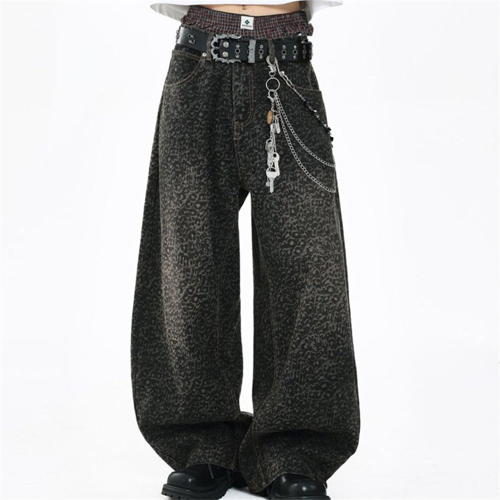 Leopard Print Wide-Leg Baggy Jeans – Oversized Curved Denim Pants