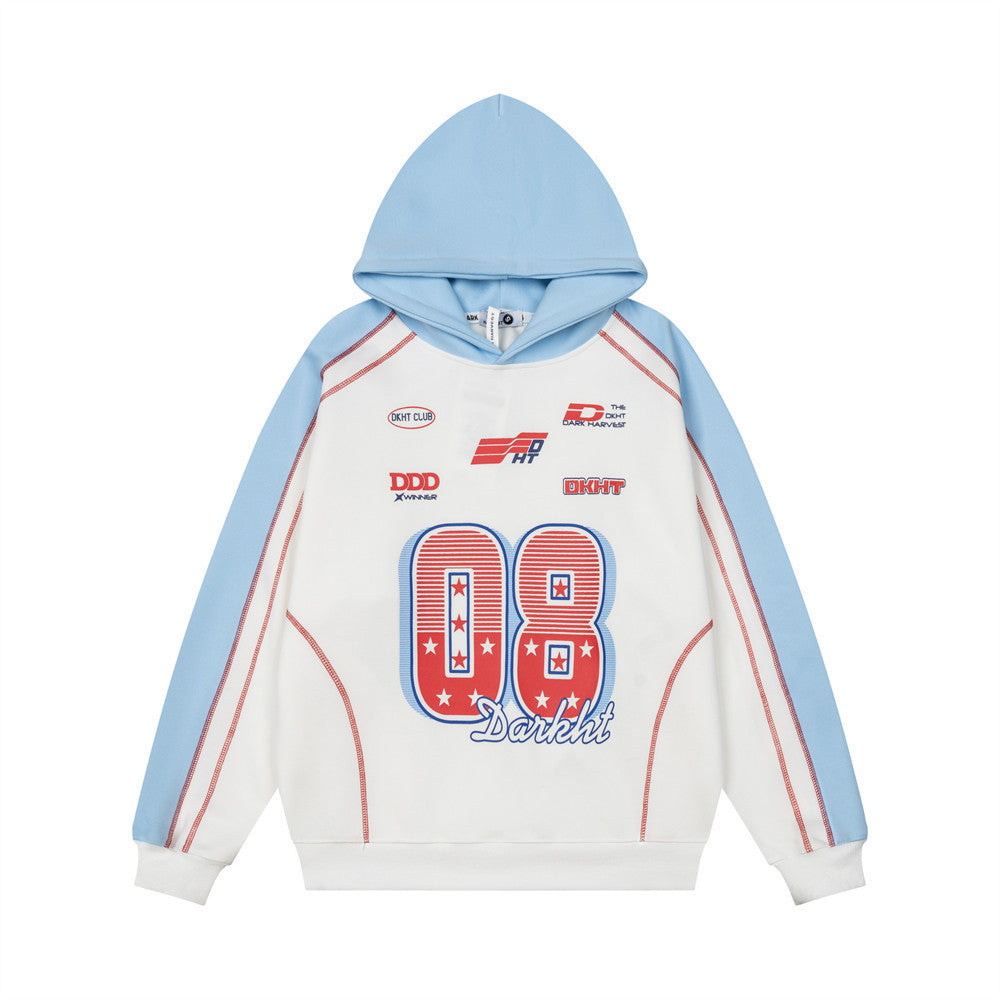 Darkht 08 number print colorblock raglan sleeve pullover hoodie in white and sky blue with motorsport graphic