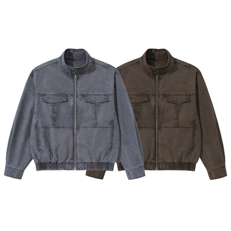 Washed Cargo Bomber Jacket – Men's Stand Collar Multi-Pocket Workwear Jacket