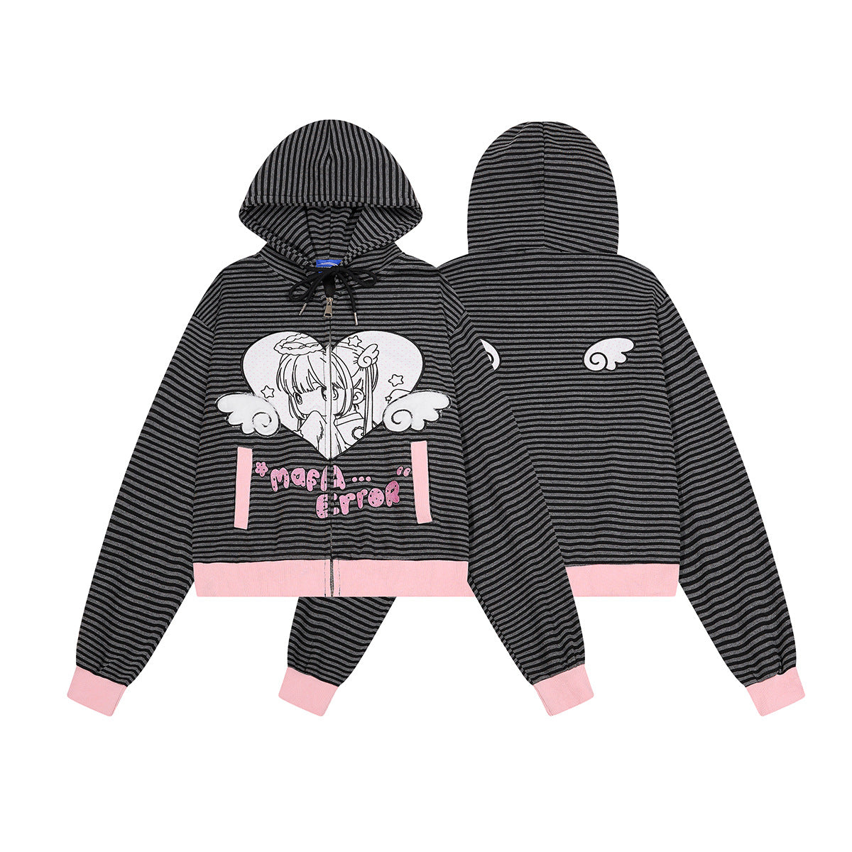 Hoodie zippé graphique Anime Angel – Rayures noires et finitions roses
