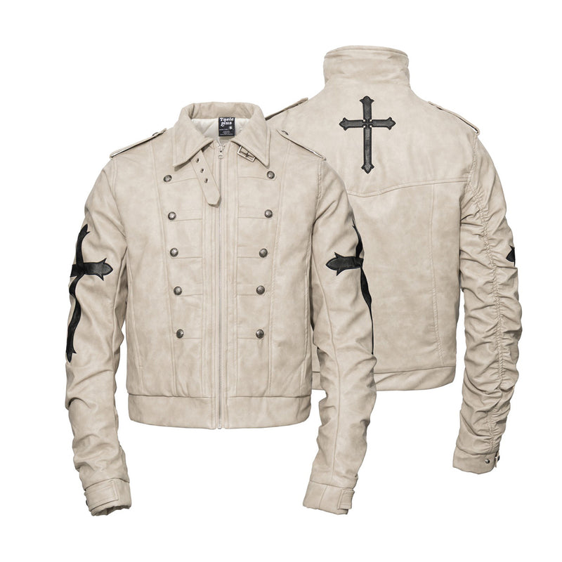 Gothic Cross Moto Jacket – Padded Faux Leather with Military Buttons & Cross