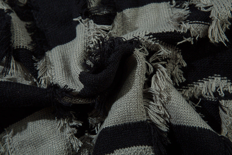 Pull oversize en maille rayée à étoiles délavée – Col rond à franges