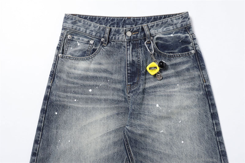 Wide-Leg Baggy Jeans – Vintage Wash, Paint Splatter & Distressed Hem