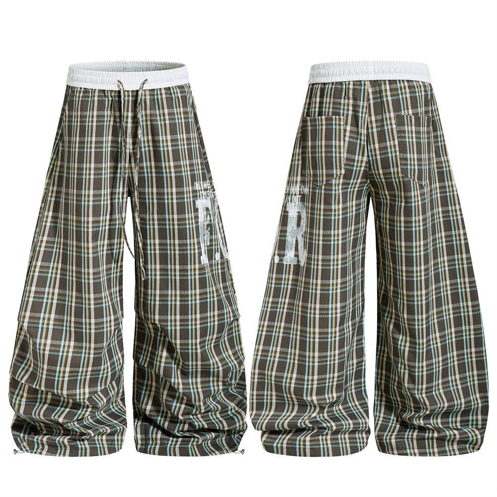 Plaid Wide-Leg Parachute Pants – Oversized Draped Fit with Drawstring Hem