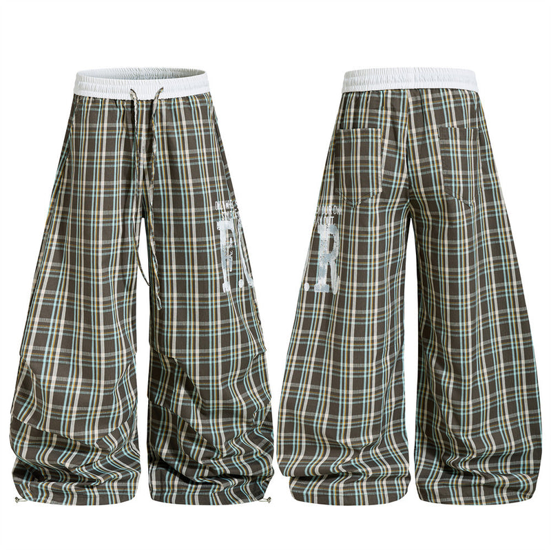 Plaid Wide-Leg Parachute Pants – Oversized Draped Fit with Drawstring Hem