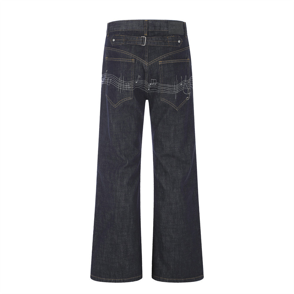 Wide-Leg Raw Denim Jeans with Music Note Embroidery