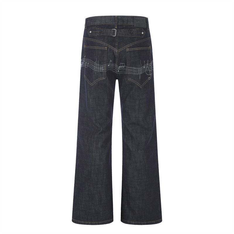 Wide-Leg Raw Denim Jeans with Music Note Embroidery