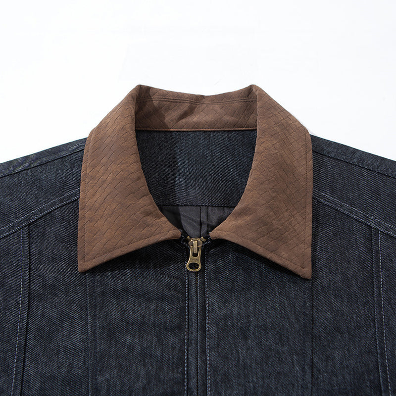 Mens Black Denim Jacket with Contrast Brown Collar & Dual Zip Closure