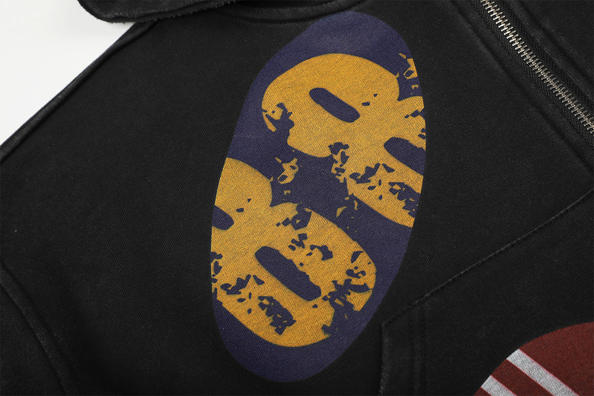 Hoodie zippé court à écussons graphiques vintage – Noir délavé
