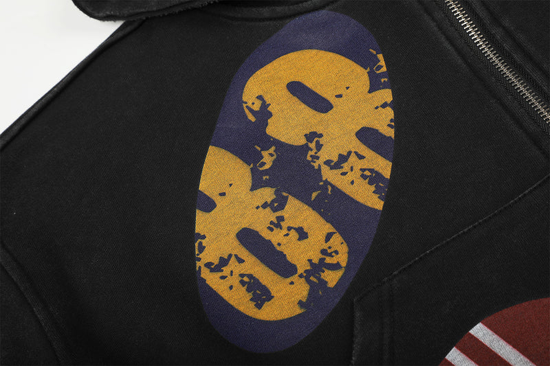 Hoodie zippé court à écussons graphiques vintage – Noir délavé
