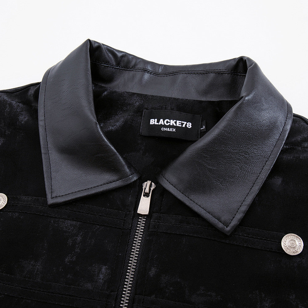 Men's Military Style Jacket – Black Velvet Double-Breasted Zip-Up with PU