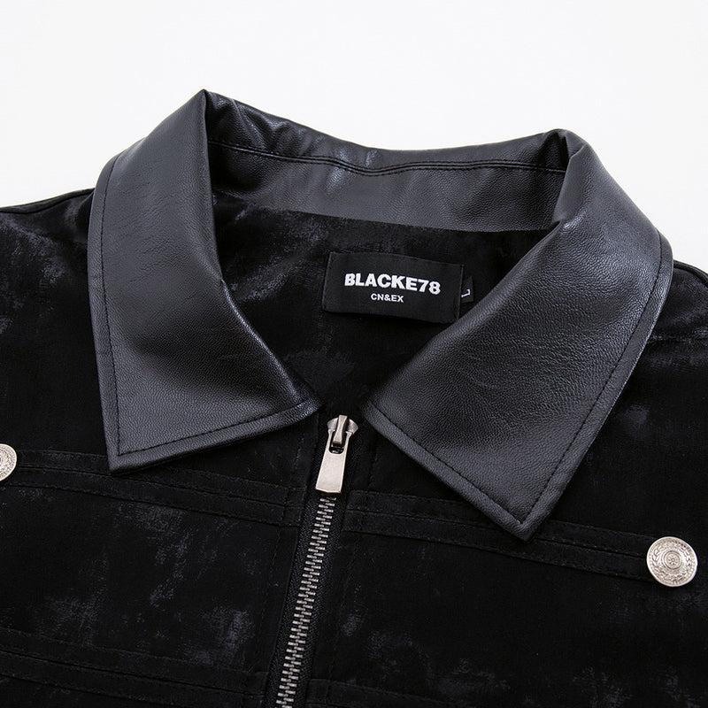 Men's Military Style Jacket – Black Velvet Double-Breasted Zip-Up with PU