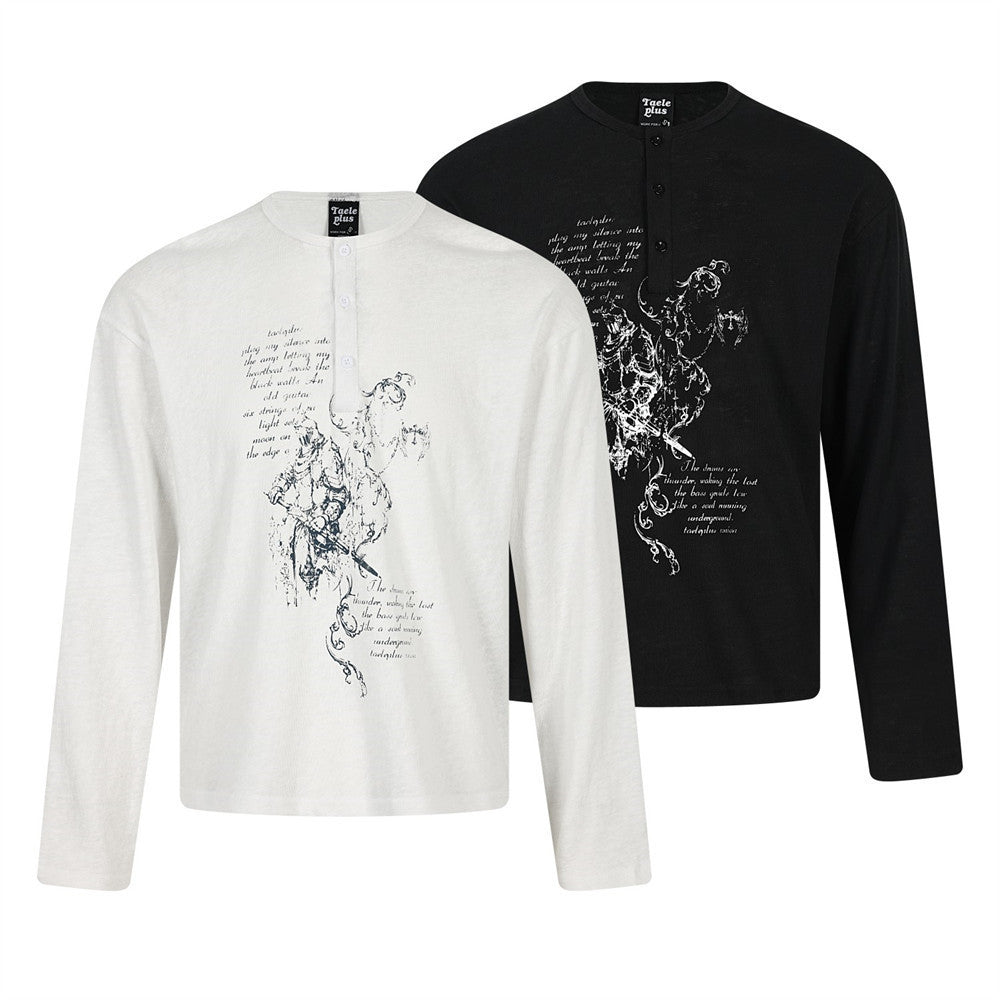 Camiseta Henley de manga larga con estampado abstracto de guerrero para hombre – Corte relajado