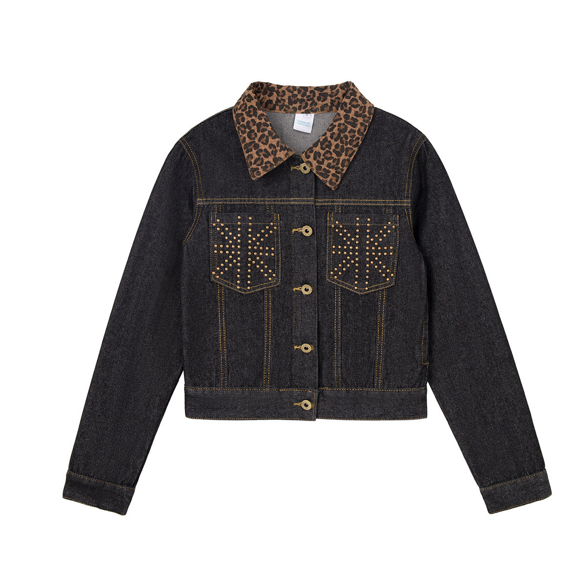 Veste en jean raccourcie indigo foncé, col imprimé léopard et poches poitrine à motif croix cloutées dorées, vues avant et arrière