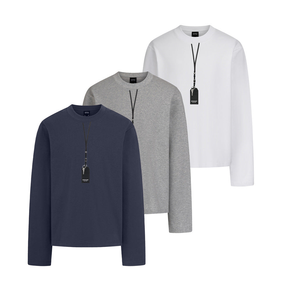 Men's Long Sleeve Crewneck T-Shirt with Pendant Tag Detail – Relaxed Fit