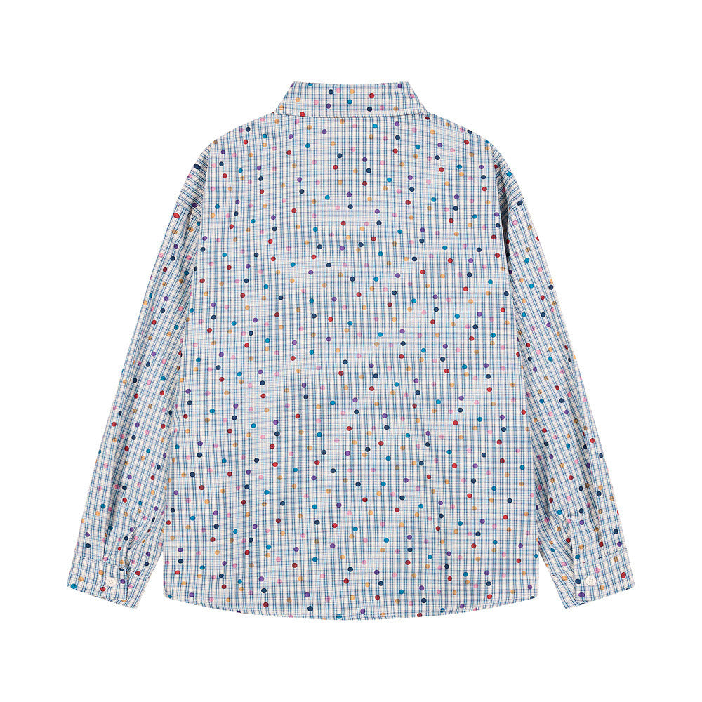 Men's Plaid Long Sleeve Shirt with Cartoon Dog Embroidery and Colorful Polka Dot
